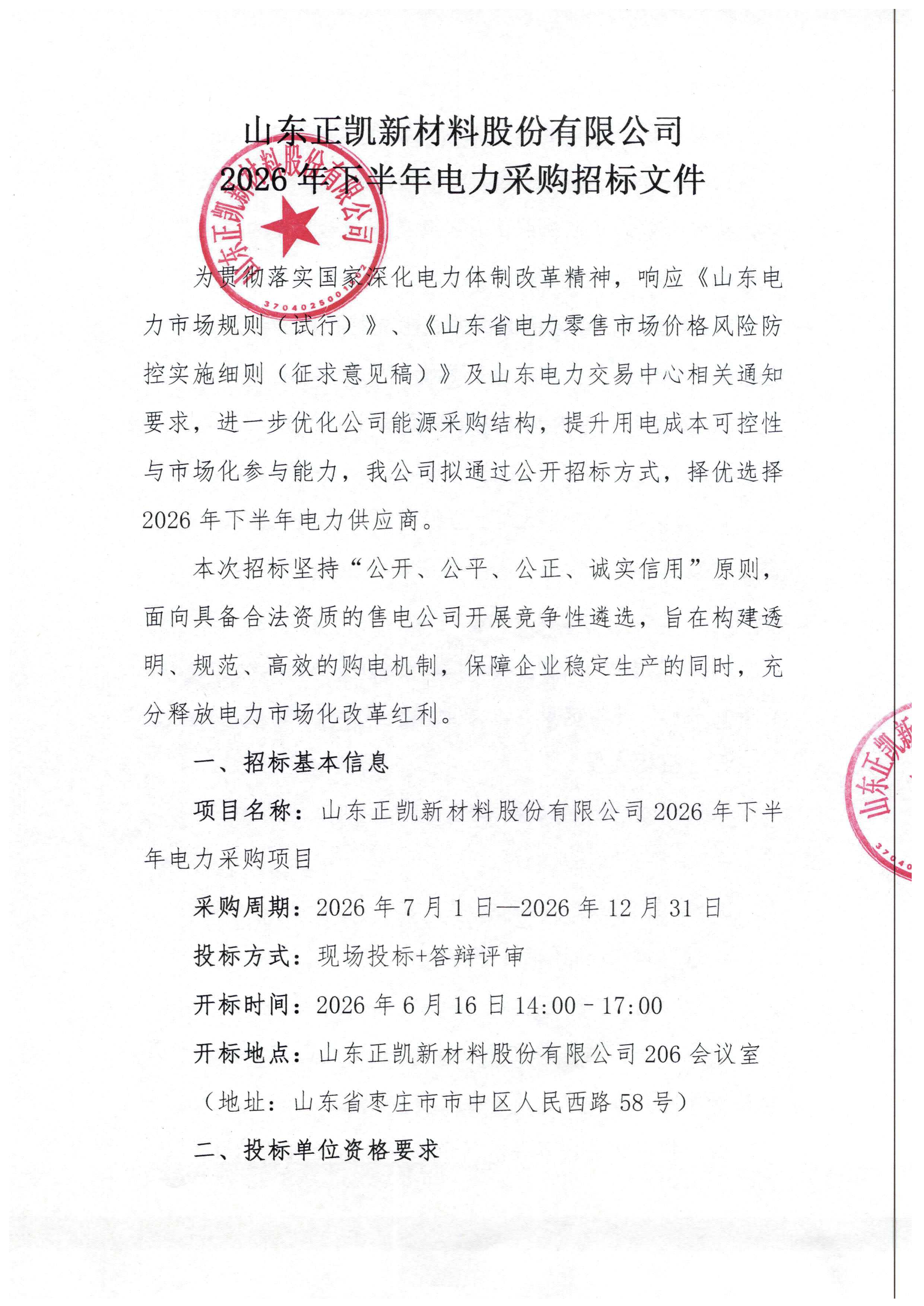 山东正凯新材料股份有限公司2026年下半年电力采购招标文件